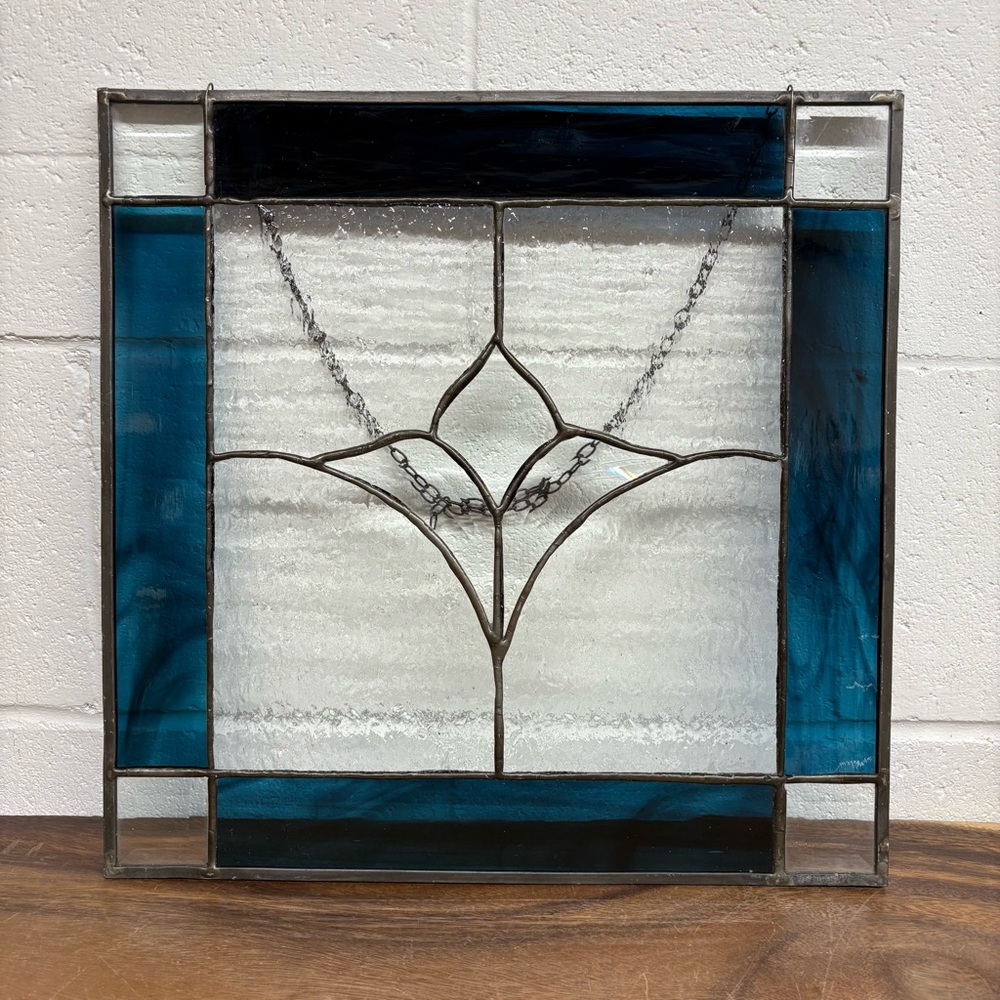 Vintage Blue and White Stained Glass Panel, Suncatcher or Wall Hanging